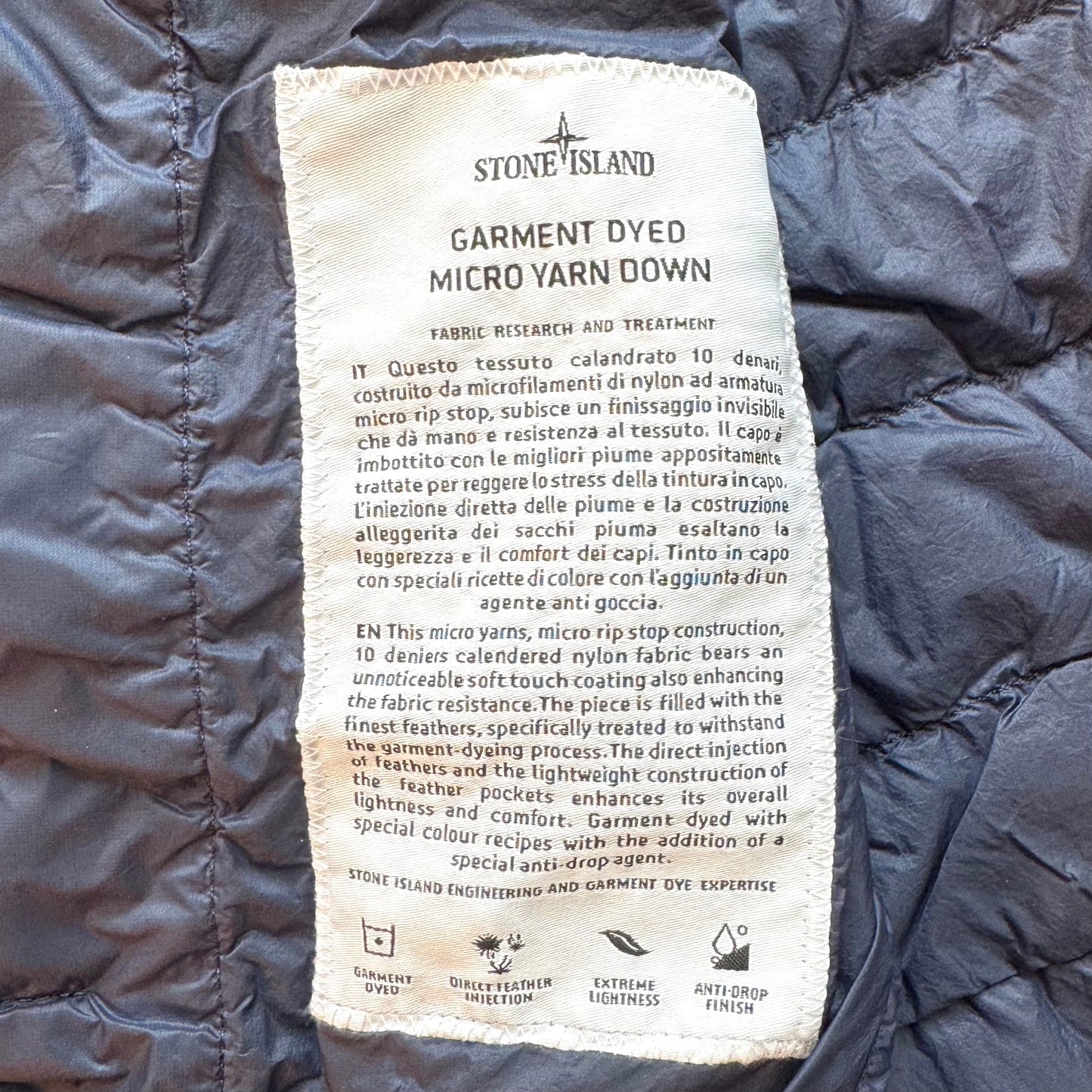 Stone Island Garment Dyed Micro Yarn Down Button Up Badge Jacket - Small