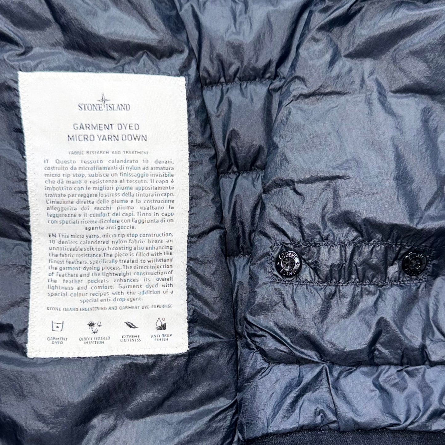 Stone Island Garment Dyed Micro Yarn Down Full Zip Badge Jacket - Small ptp19”