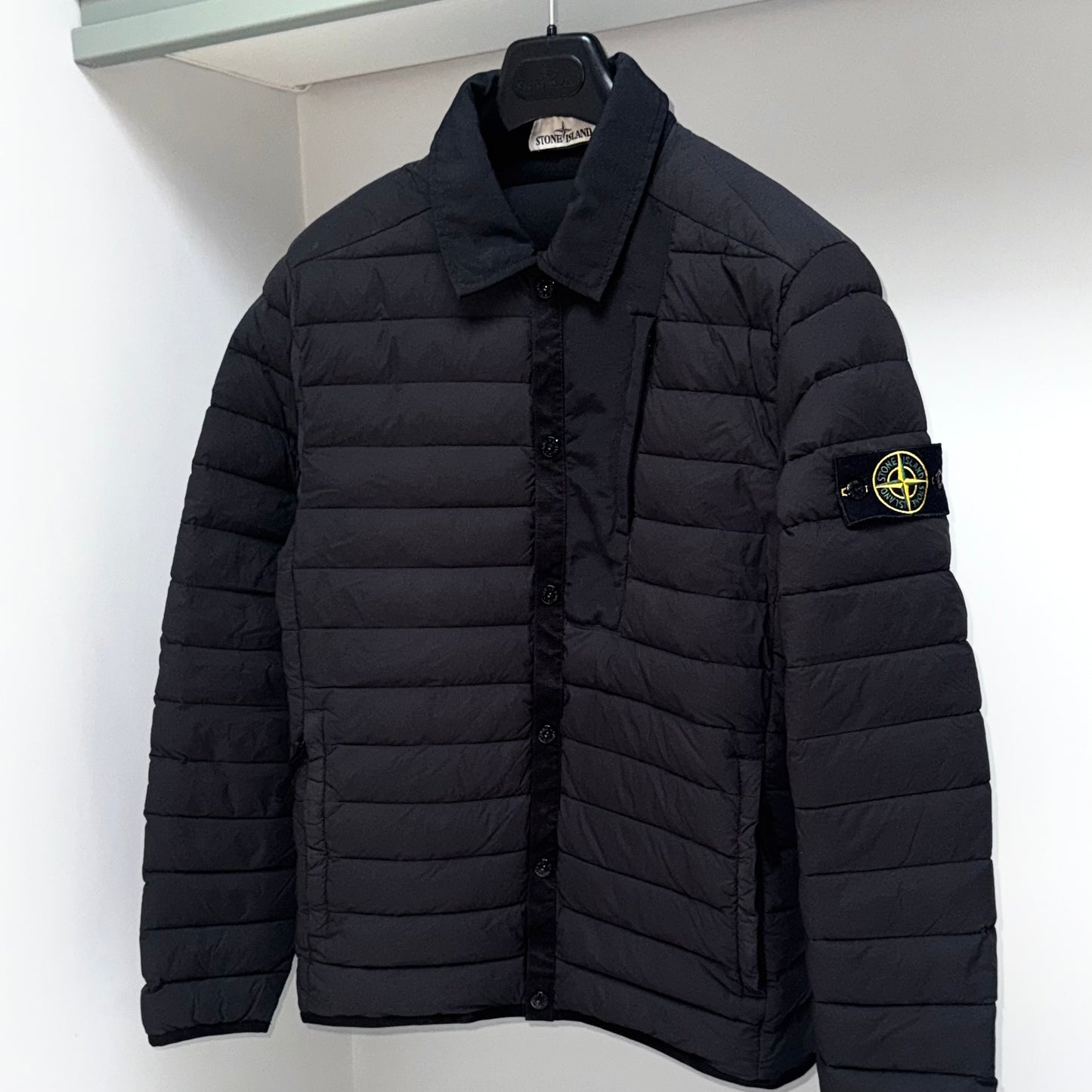 Stone Island Loom Woven Down Chambers Stretch Nylon-TC Button Up Badge Jacket - Medium ptp20.5”