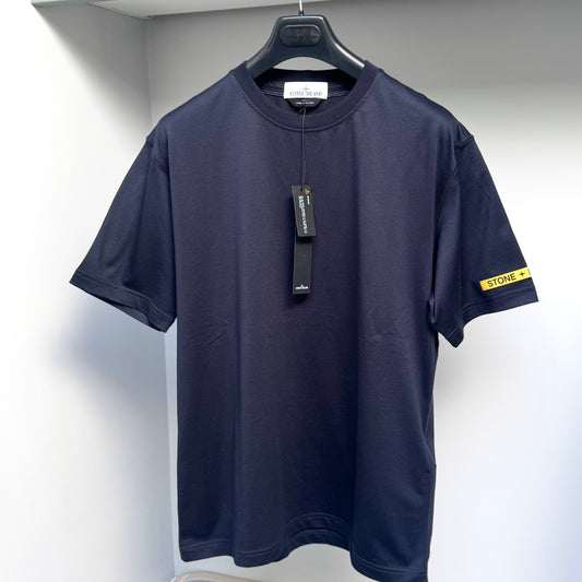 Stone Island Navy Blue Spellout Rubberised Sleeve Logo T shirt - Large ptp22”