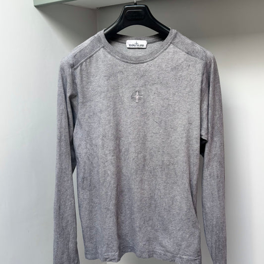 Stone Island Grey Dust Treatment Embroidered Compass Long Sleeve T shirt - Small ptp19”