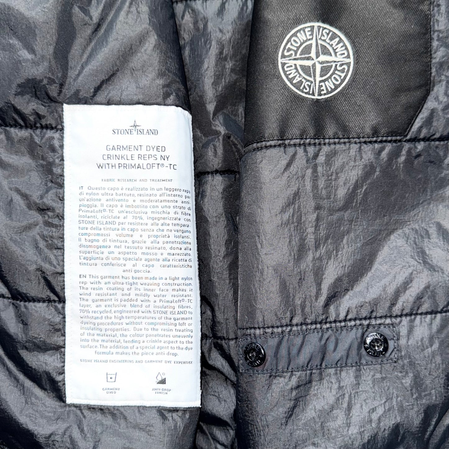 Stone Island Garment Dyed Crinkle Reps NY With Primaloft-TC Full Zip Badge Jacket - Small ptp21”