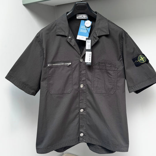 Stone Island Lead Grey Supima Cotton Twill Stretch-TC Short Sleeve Overshirt - Large & XL