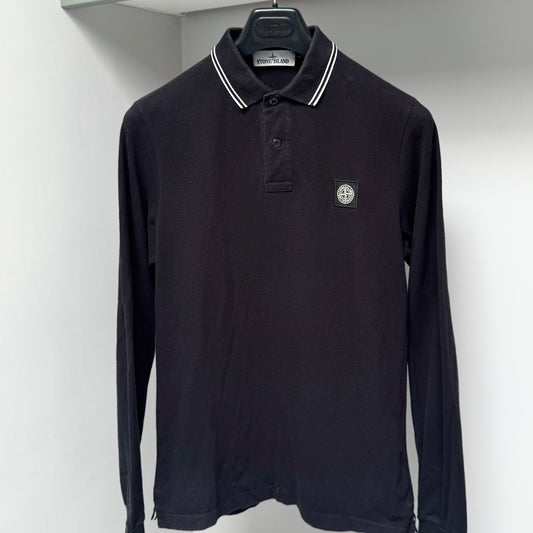 Stone Island Black Organic Cotton Pique Long Sleeve Polo Shirt - Small