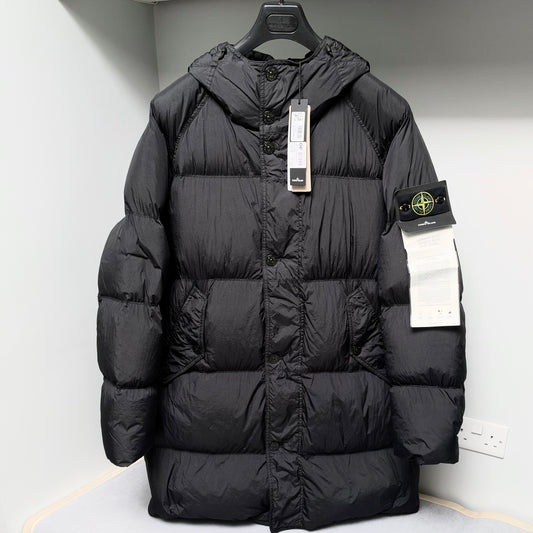 Stone Island Black Garment Dyed Crinkle Reps R-NY Down Full Zip Long Parka Jacket - XL
