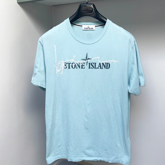 Stone Island Light Blue Graphic Spellout Logo T shirt - XL ptp22”