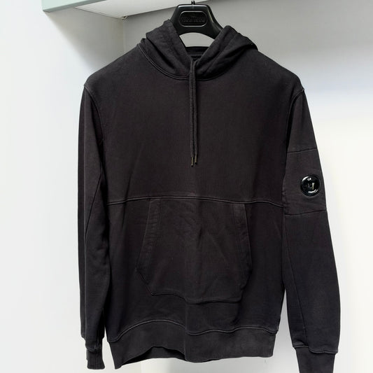 CP Company Black Diagonal Raised Fleece Pullover Lens Hoodie - Large
