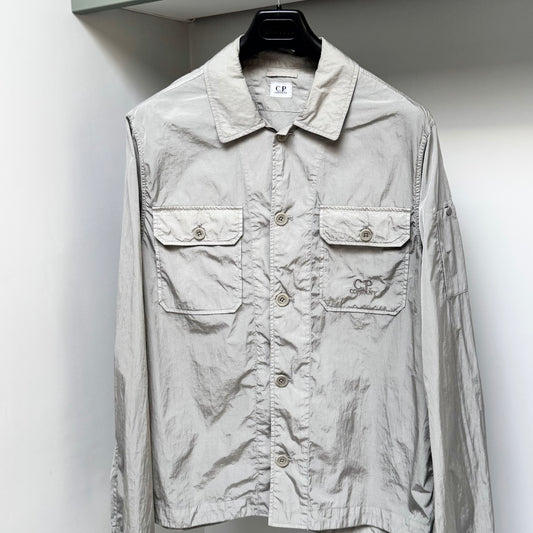 CP Company Drizzle Grey Chrome-R Nylon Embroidered Logo Button Up Overshirt - XL
