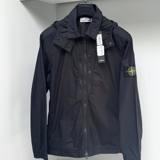 Stone Island Black Hooded Tela Parachute Full Zip Overshirt - Large