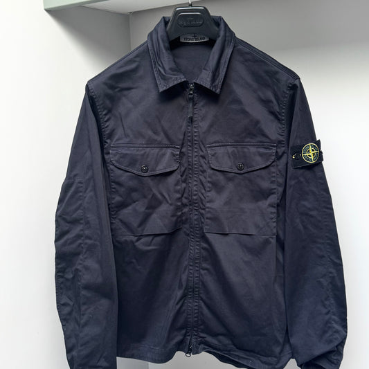 Stone Island Navy Blue Raso Cotton Full Zip Overshirt - Large