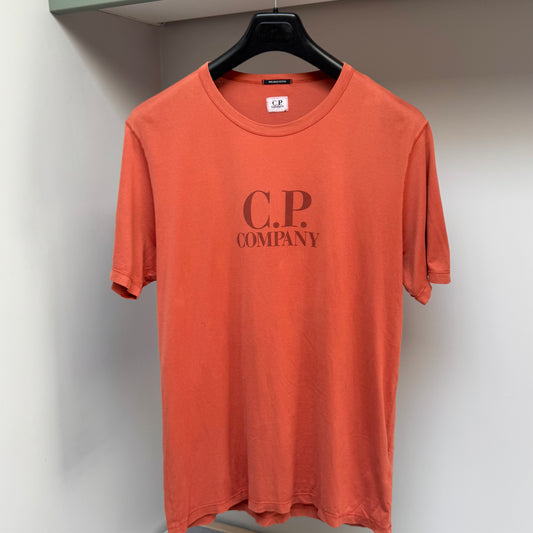 CP Company Orange Spellout Logo T shirt - Large ptp21.5”