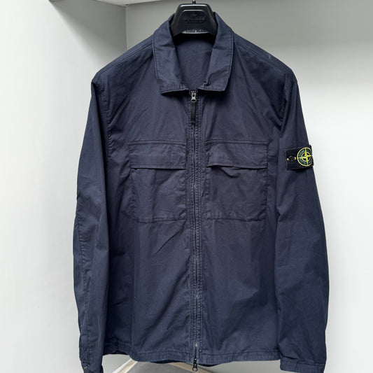 Stone Island Navy Blue Supima Cotton Twill Stretch Full Zip Overshirt - XXL