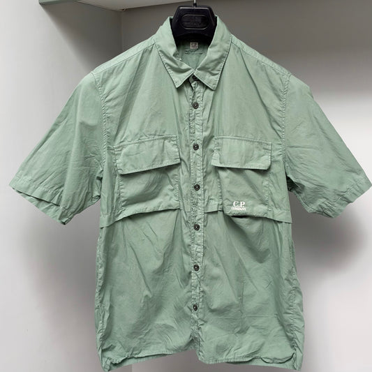 CP Company Green Cotton Ripstop Logo Short Sleeve Overshirt - Large