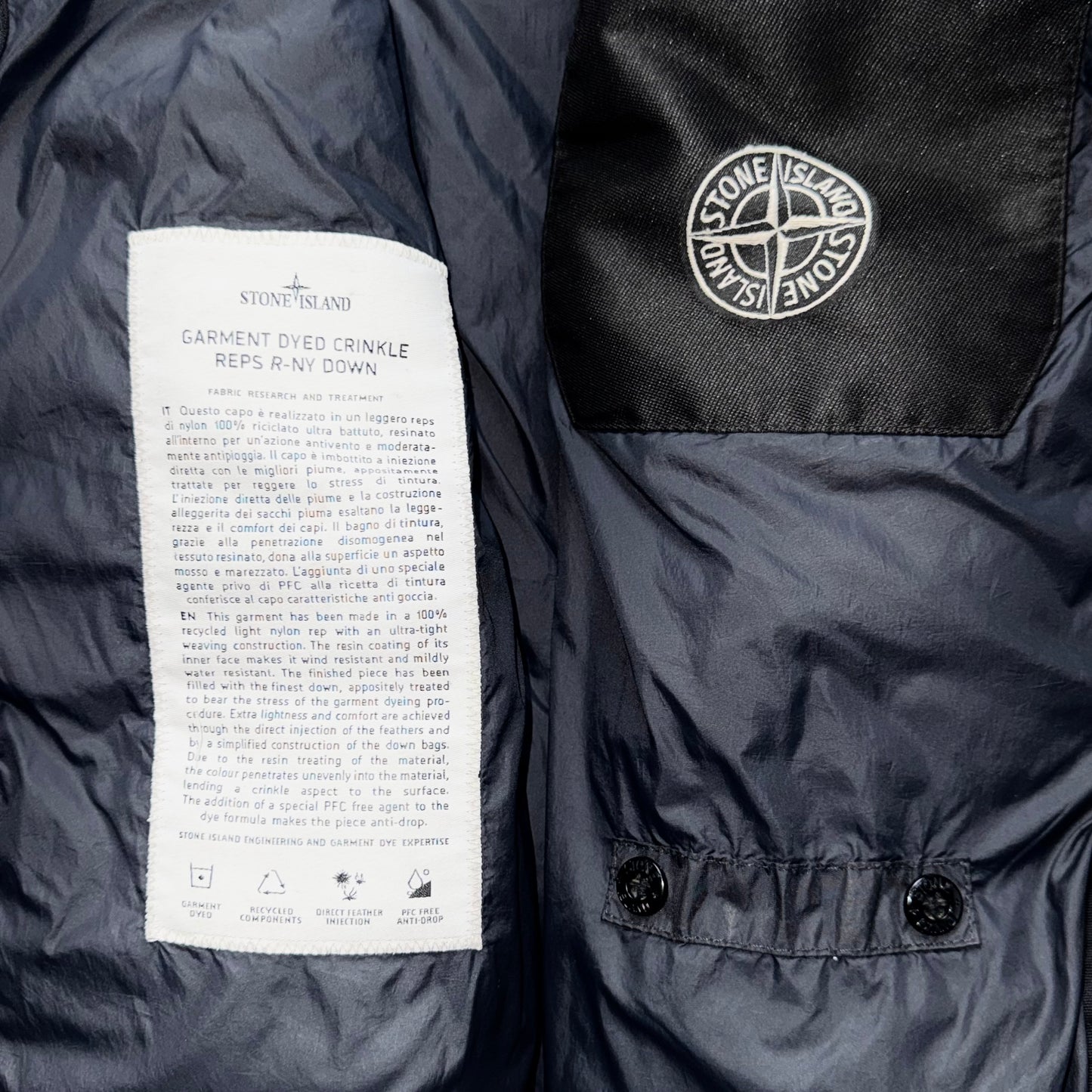 Stone Island Garment Dyed Crinkle Reps R-NY Down Full Zip Badge Jacket - Medium ptp23”