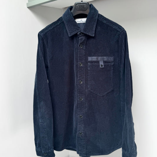 Stone Island Navy Blue Cotton Corduroy Spellout Logo Button Up Overshirt - Medium