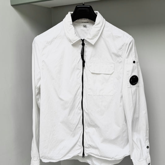 CP Company White Organic Gabardine Full Zip Lens Overshirt - Medium ptp20.5”