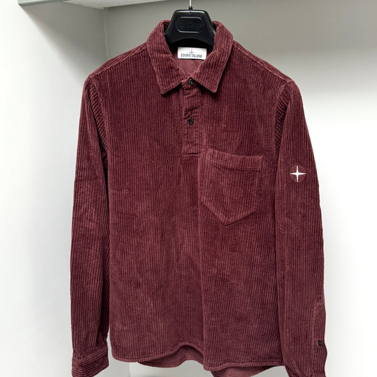 Stone Island Burgundy Red Corduroy Embroidered Compass Quarter Button Up Overshirt - Medium ptp21”