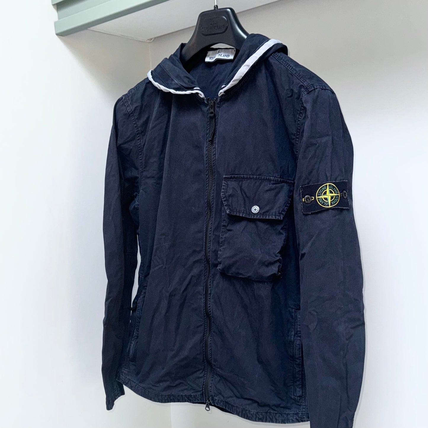 Stone Island Hooded Brushed Cotton Full Zip Badge Overshirt - Large ptp22”