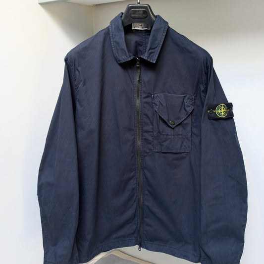Stone Island Blue Supima Cotton Twill Stretch Full Zip Overshirt - 3XL