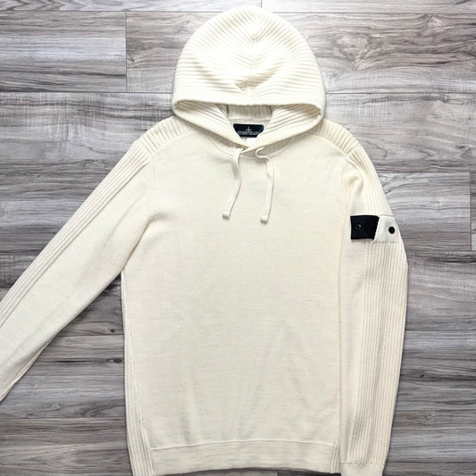 Stone Island Knitted Shadow Project Ribbed Lana Wool Pullover Badge Hoodie - Medium ptp20”