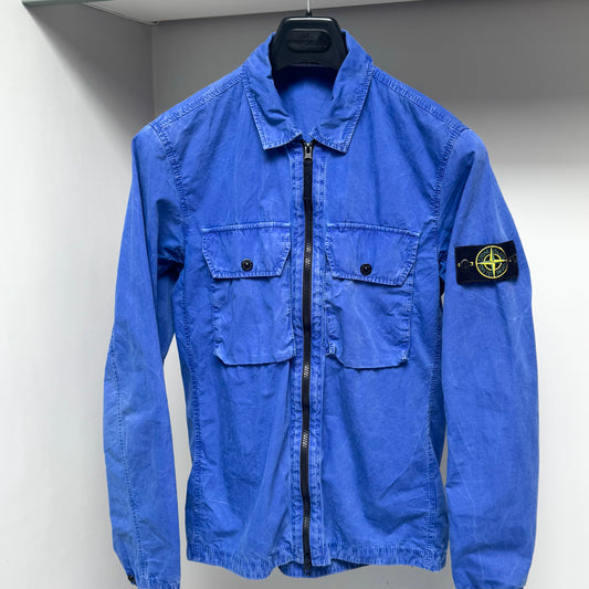 Stone Island Blue Brushed Cotton Canvas Old Effect Full Zip Overshirt - Small ptp20”