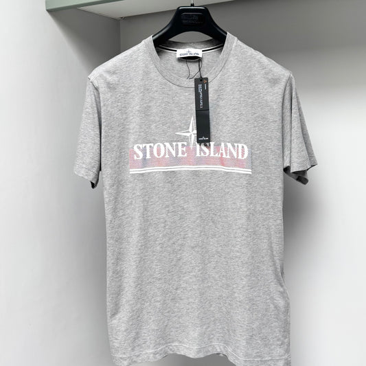 Stone Island Grey Tricromia Spellout Logo T shirt - Medium ptp20.5”