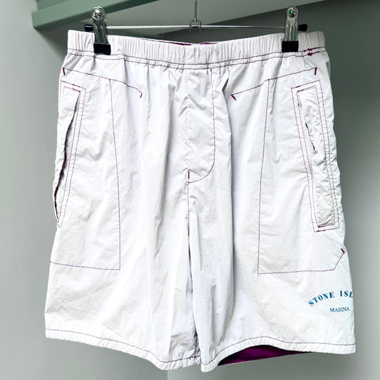 Stone Island Silver Purple Marina Prismatico Spellout Logo Swim Shorts - 30W Comfort Fit