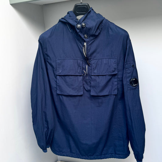 CP Company Blue Hooded Cotton Half Zip Pullover Lens Smock Overshirt - Small ptp21”