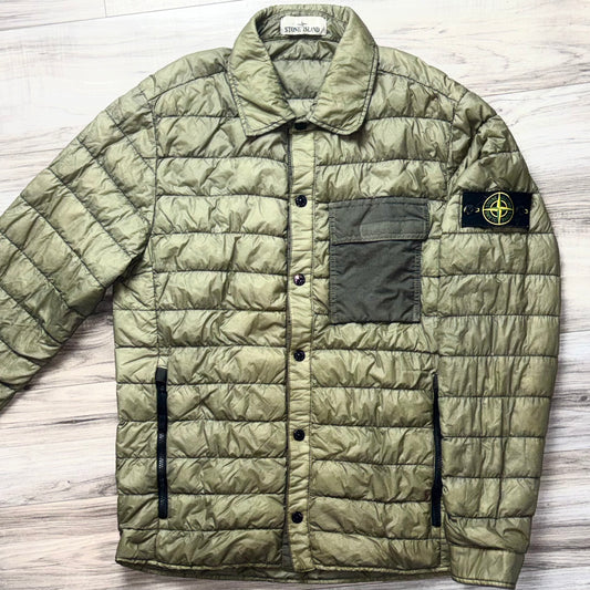 Stone Island Garment Dyed Micro Yarn Down Button Up Badge Jacket - Medium ptp20”