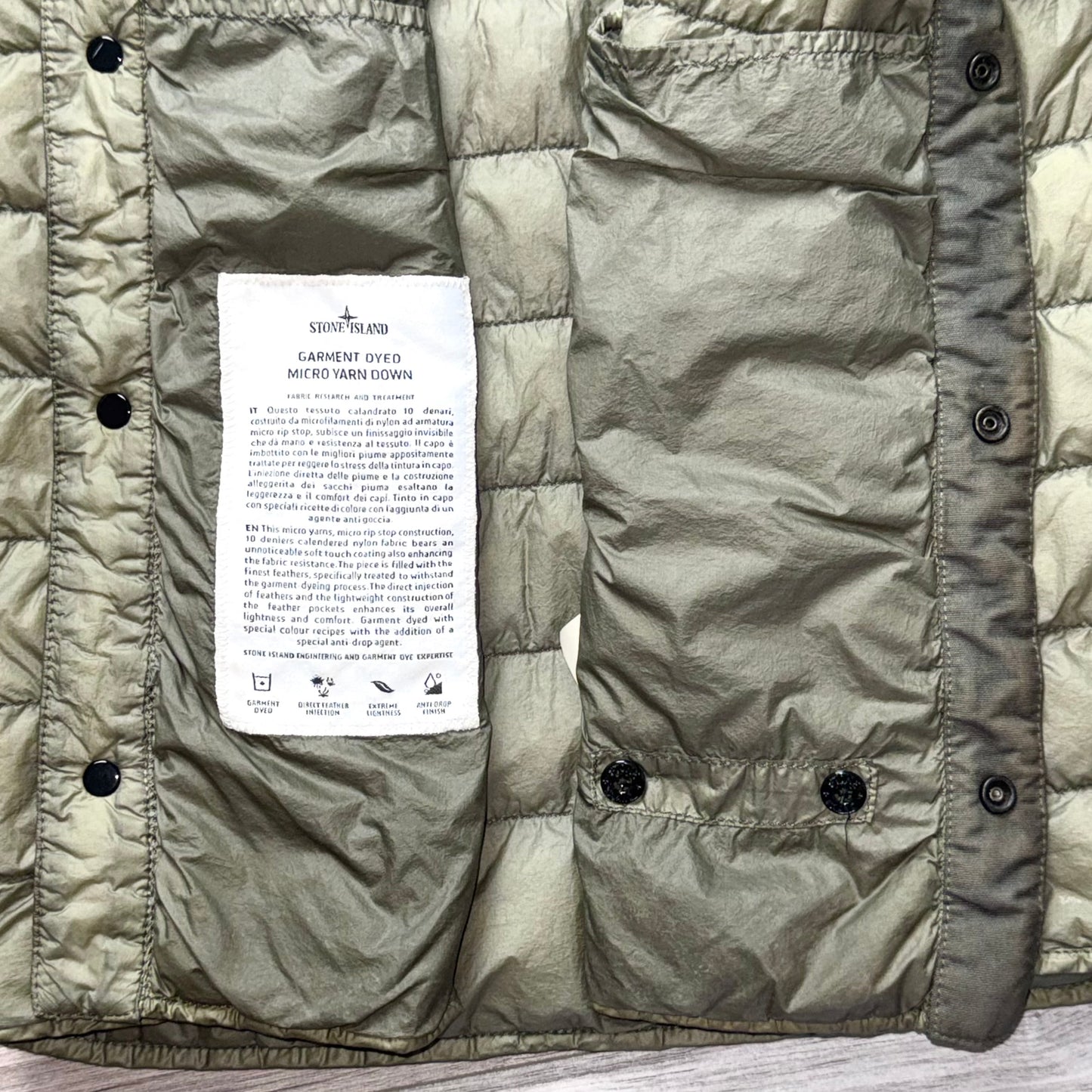 Stone Island Garment Dyed Micro Yarn Down Button Up Badge Jacket - Medium ptp20”