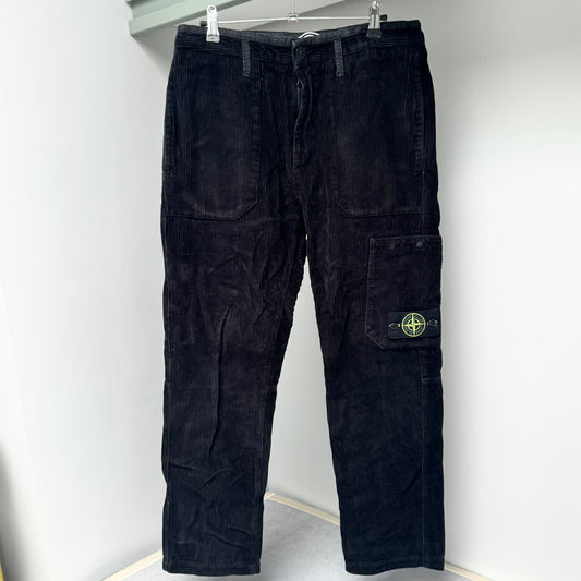 Stone Island Black Corduroy Combat Cargo Trousers - 30W 29L Regular Fit