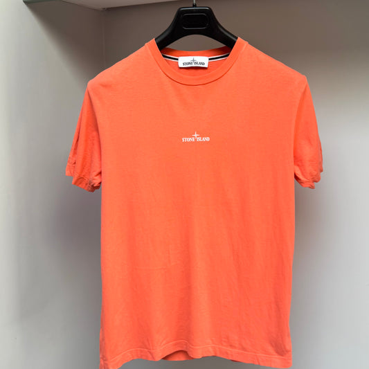 Stone Island Coral Orange Graphic Print Logo T shirt - Medium ptp19.5”