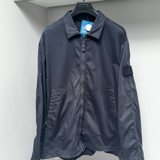 Stone Island Navy Blue Ghost Piece Stretch Cotton Lyocell Satin Full Zip Overshirt - XXL