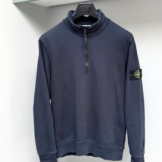 Stone Island Navy Blue Organic Cotton Fleece Quarter Zip Pullover Sweatshirt - Large