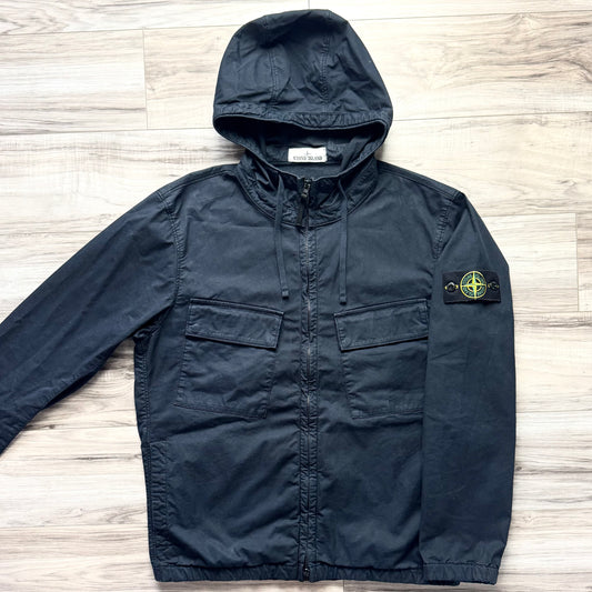 Stone Island Hooded Supima Cotton Twill Stretch-TC Full Zip Badge Overshirt - Medium ptp21.5”