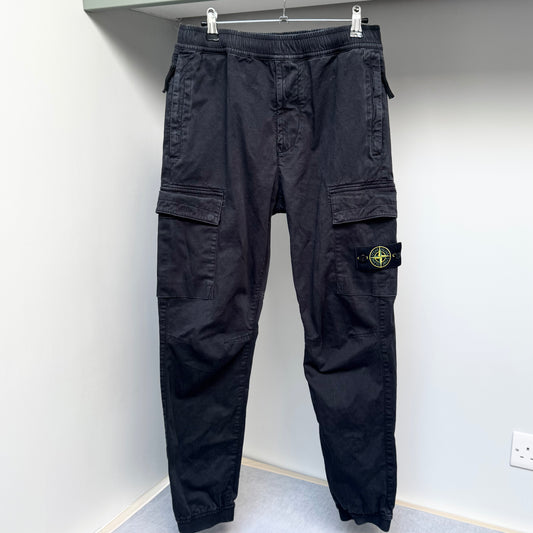 Stone Island Black Stretch Cotton Cargo Trousers - 32W 29L Regular Tapered Fit