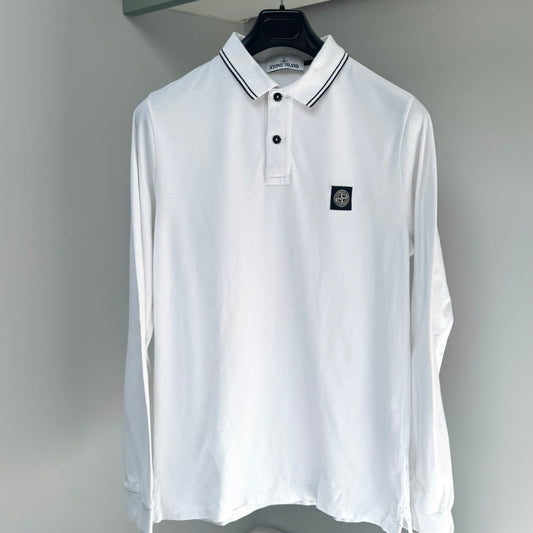 Stone Island White Organic Cotton Pique Long Sleeve Polo Shirt - Medium ptp20.5”