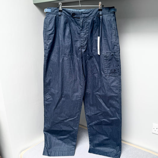 CP Company Blue 50 Fili Wax Loose Embroidered Logo Cargo Trousers - XL 36W 32L