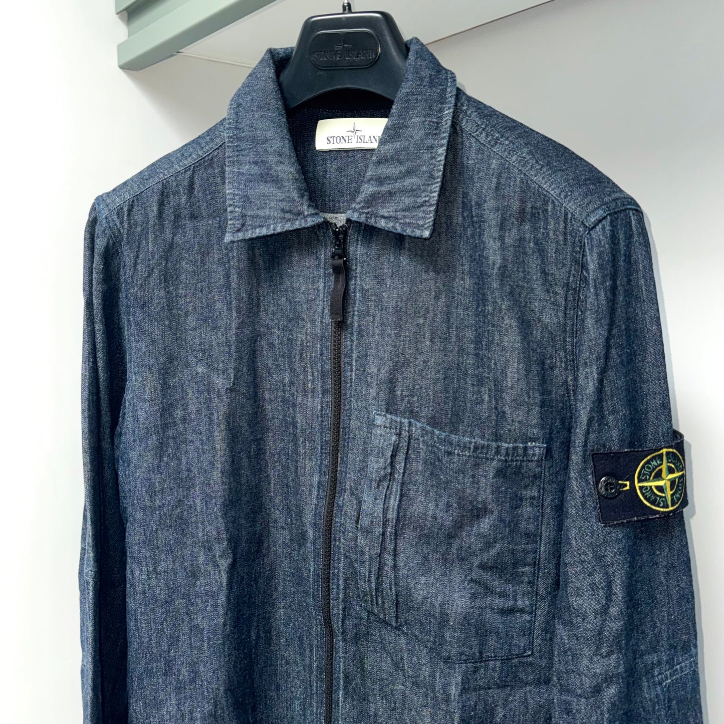 Stone Island Denim Full Zip Badge Overshirt - Medium ptp20”