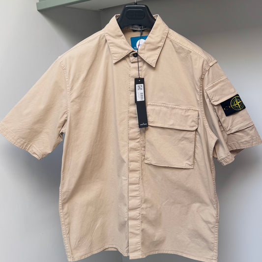 Stone Island Beige Brushed Organic Cotton Canvas Short Sleeve Shirt - Large ptp23” / XL ptp24”