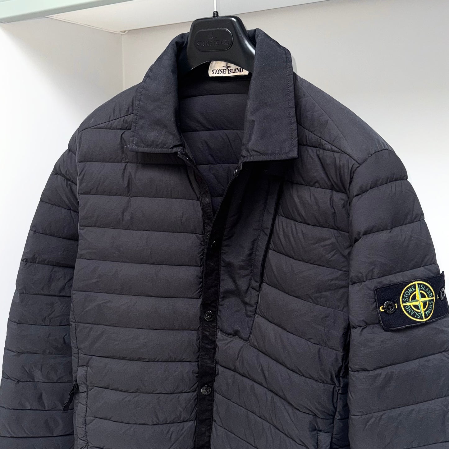 Stone Island Loom Woven Down Chambers Stretch Nylon-TC Button Up Badge Jacket - Medium ptp20.5”