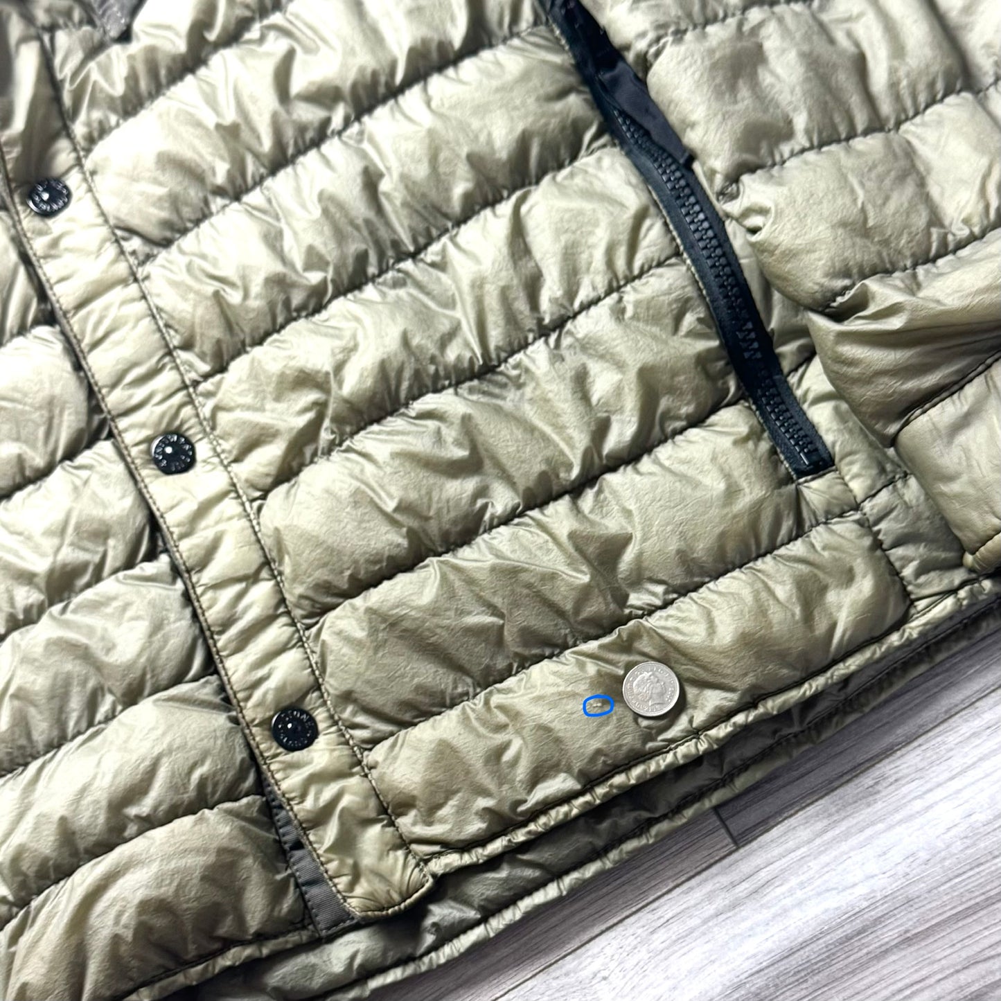 Stone Island Garment Dyed Micro Yarn Down Button Up Badge Jacket - Medium ptp20”