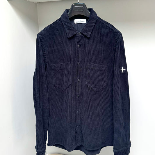Stone Island Navy Blue Corduroy Embroidered Compass Button Up Overshirt - Large ptp21.5”