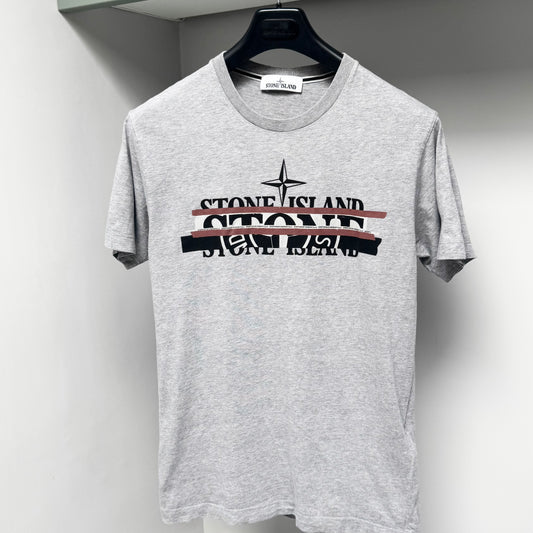 Stone Island Grey Multi Spellout Logo T shirt - Small ptp19”
