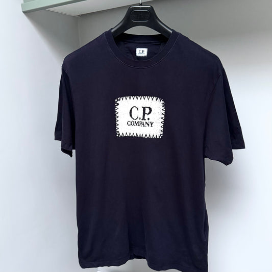 CP Company Navy Blue Block Logo T shirt - Large ptp22”