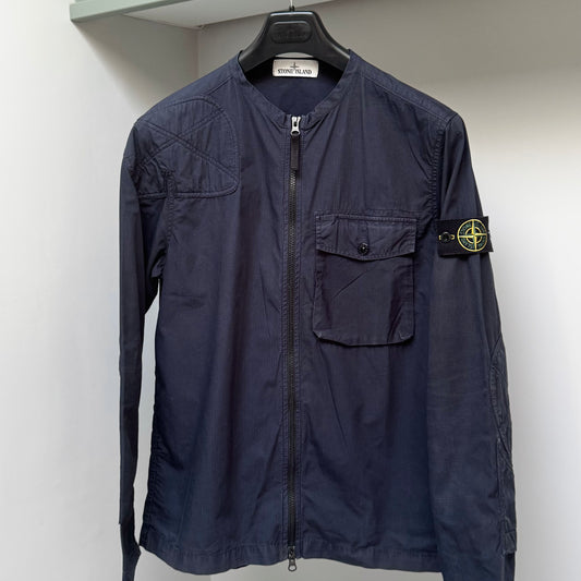 Stone Island Navy Blue Cotton Ripstop Collarless Full Zip Overshirt - Medium ptp20.5”