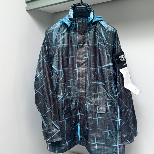 Stone Island Blue Paper Poly SI House Check Grid Full Zip Parka Jacket - Medium