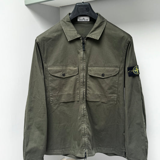 Stone Island Green Organic Cotton Satin Stretch Full Zip Overshirt - XL