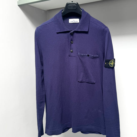 Stone Island Blue Knitted Long Sleeve Polo Shirt - Medium ptp20.5”