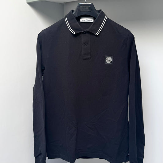 Stone Island Black Organic Cotton Pique Long Sleeve Polo Shirt - Medium